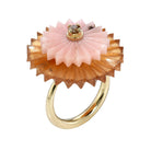 SUMMER SNOW MULTI-STONE RING, 9k yellow gold 
Hessonite garnet and rhodonite  
Champagne diamond center stone  
Size 6.5 
Made in London, RINGS, Alice Cicolini