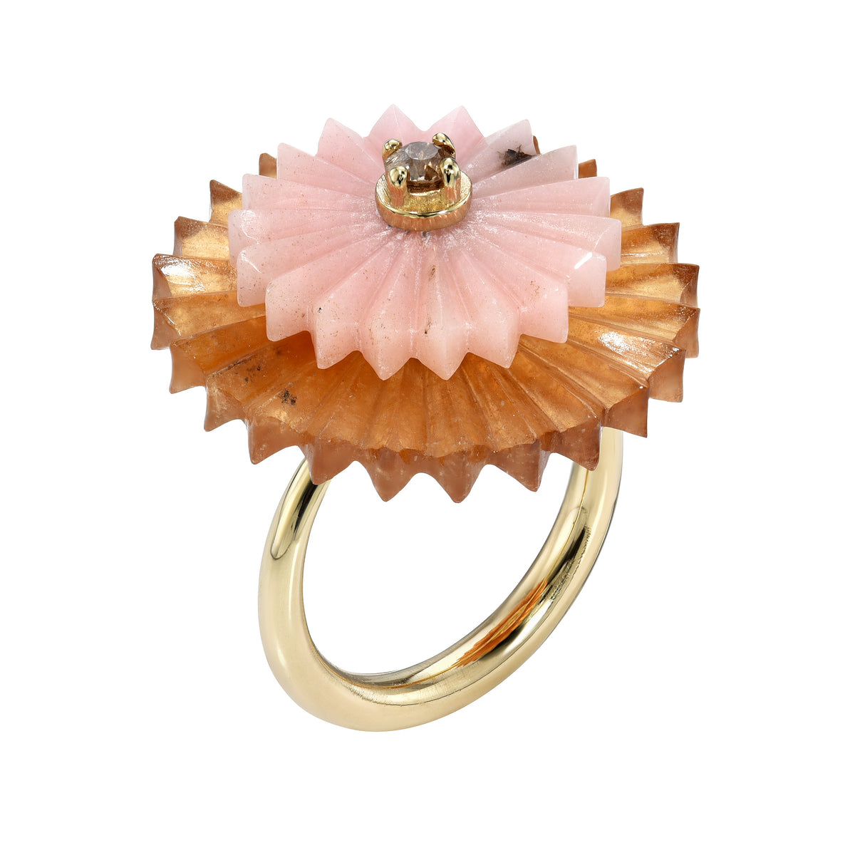SUMMER SNOW MULTI-STONE RING, 9k yellow gold 
Hessonite garnet and rhodonite  
Champagne diamond center stone  
Size 6.5 
Made in London, RINGS, Alice Cicolini