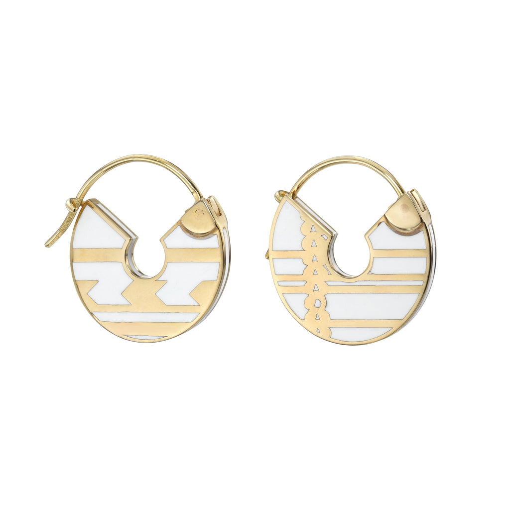 SARI DOUBLE SIDED LACQUER ENAMEL MINI HOOPS, 14k yellow gold White enamel Made in London, EARRINGS, Alice Cicolini