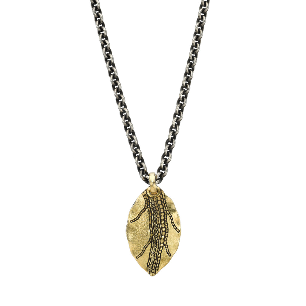 LEAF PENDANT NECKLACE, 18k yellow gold leaf 3.8mm oxidized silver chain with 18k yellow gold clasp 0.01ct round brilliant cut diamond on clasp 32 inches in length Made in New York, NECKLACES, Alex Sepkus