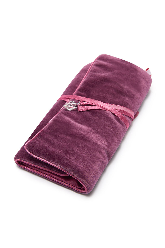 VELVET JEWELRY ROLL - AUBERGINE, Aubergine colored velvet Mauve satin linking and tie 3 pockets; 1 main pocket, 2 zip pockets, and 2 ring holders which unclip Perfect for travel, Jewelry Case, Jo Edwards London