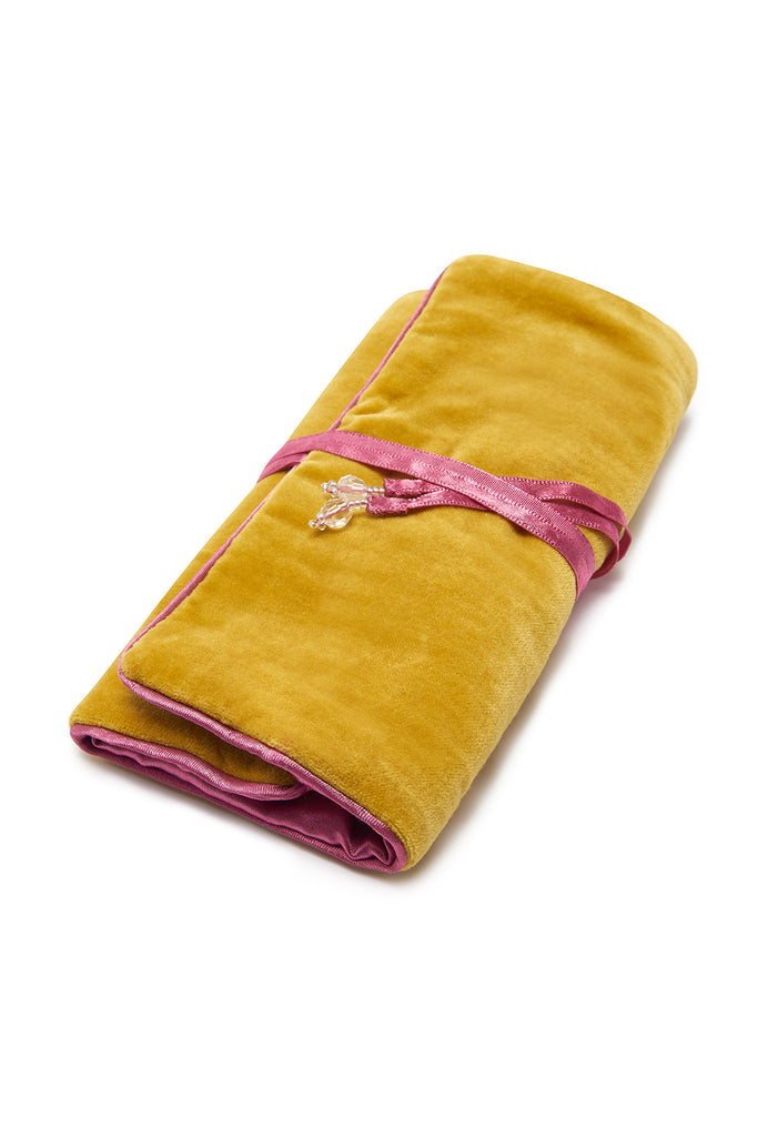 VELVET JEWELRY ROLL - HONEY, Honey colored velvet 
Mauve satin linking and tie 
3 pockets; 1 main pocket, 2 zip pockets, and 2 ring holders which unclip, JEWELRY CASES, Jo Edwards London