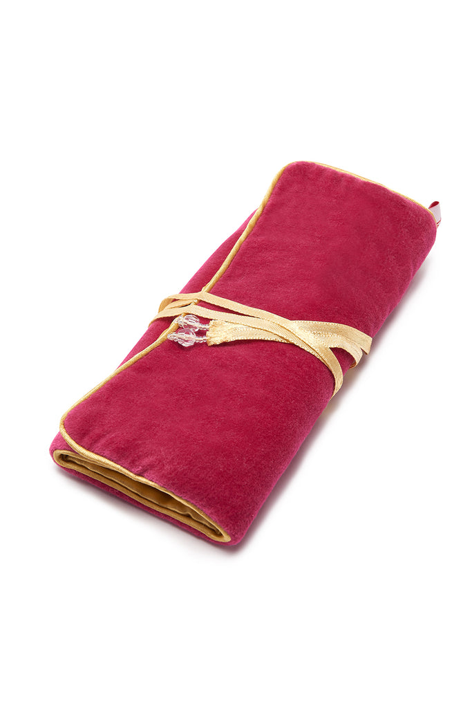 VELVET JEWELRY ROLL - ROSE, Rose colored velvet 
Golden satin linking and tie 
3 pockets; 1 main pocket, 2 zip pockets, and 2 ring holders which unclip, JEWELRY CASES, Jo Edwards London
