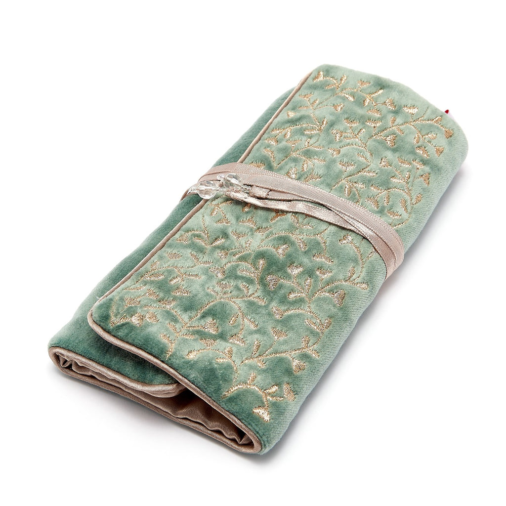 VELVET JEWELRY ROLL - MINT & GOLD EMBROIDERY, Mint colored velvet 
Champagne satin linking and tie 
3 pockets; 1 main pocket, 2 zip pockets, and 2 ring holders which unclip, JEWELRY CASES, Jo Edwards London