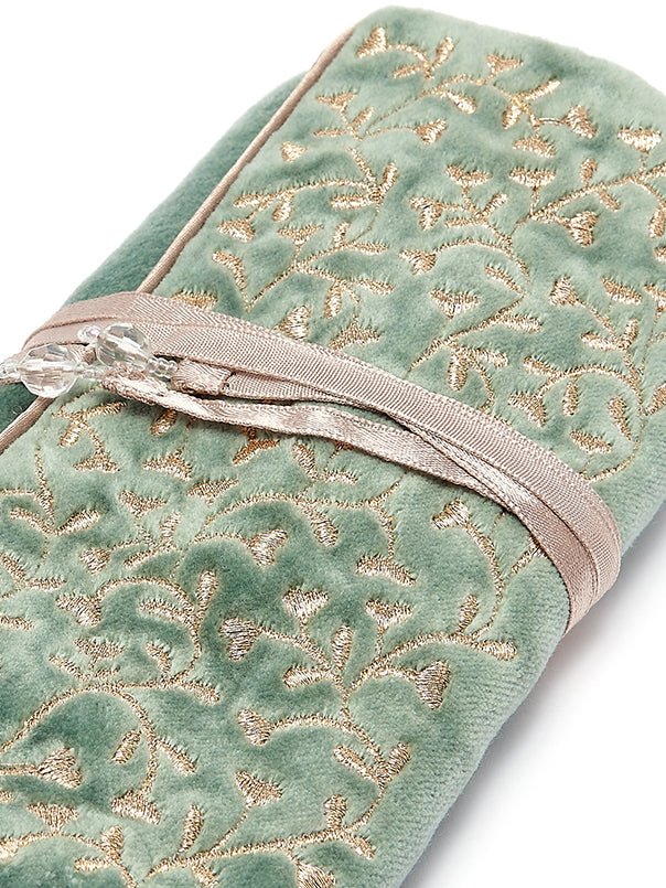 VELVET JEWELRY ROLL - MINT & GOLD EMBROIDERY, Mint colored velvet Champagne satin linking and tie 3 pockets; 1 main pocket, 2 zip pockets, and 2 ring holders which unclip Perfect for travel, Jewelry Case, Jo Edwards London