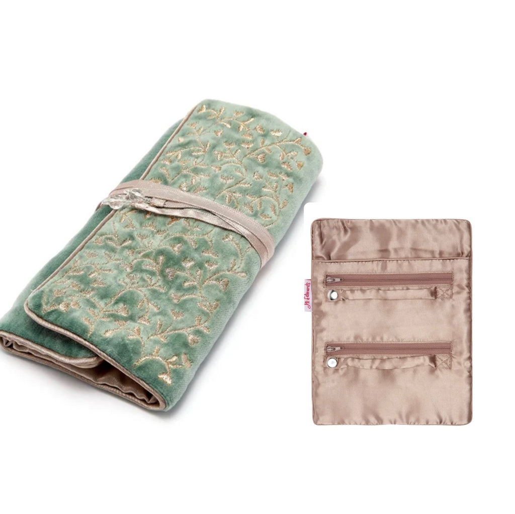 VELVET JEWELRY ROLL - MINT & GOLD EMBROIDERY, Mint colored velvet Champagne satin linking and tie 3 pockets; 1 main pocket, 2 zip pockets, and 2 ring holders which unclip Perfect for travel, Jewelry Case, Jo Edwards London