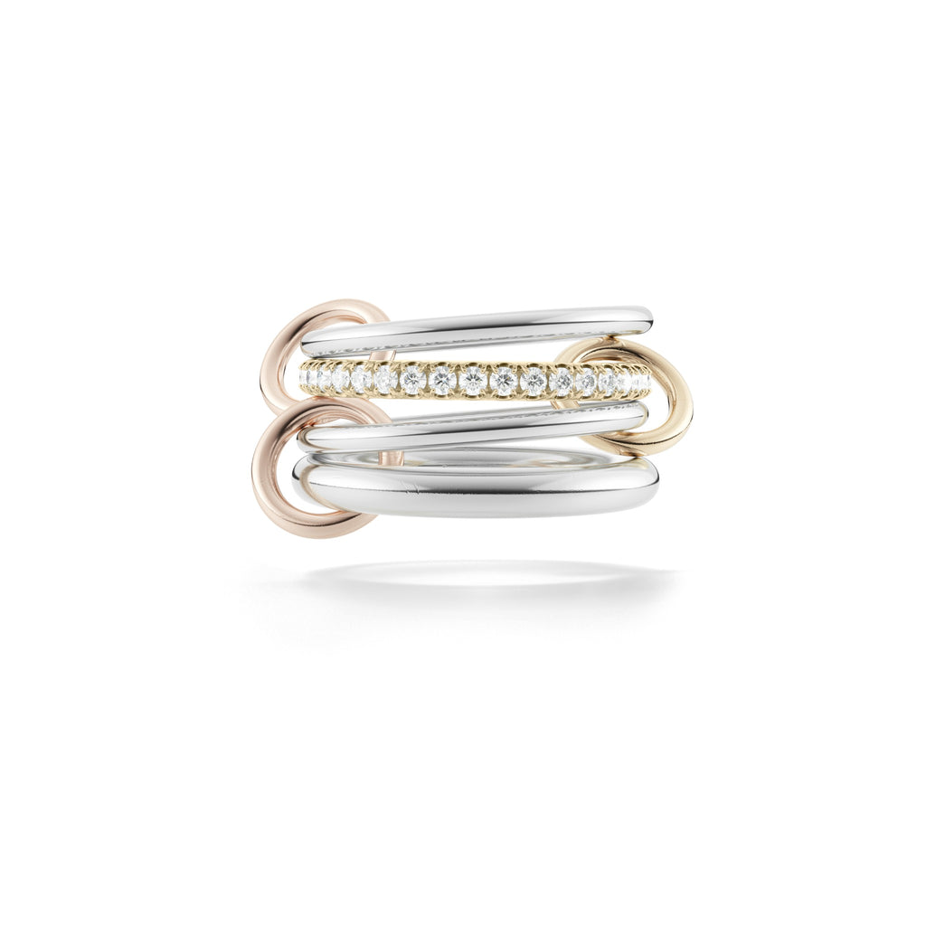 NIMBUS MX, Four linked rings in sterling silver and 18k yellow gold 0.70tw U-pave white diamonds 18k yellow and rose gold connectors Size 7 Made in Los Angeles, Ring, Spinelli Kilcollin
