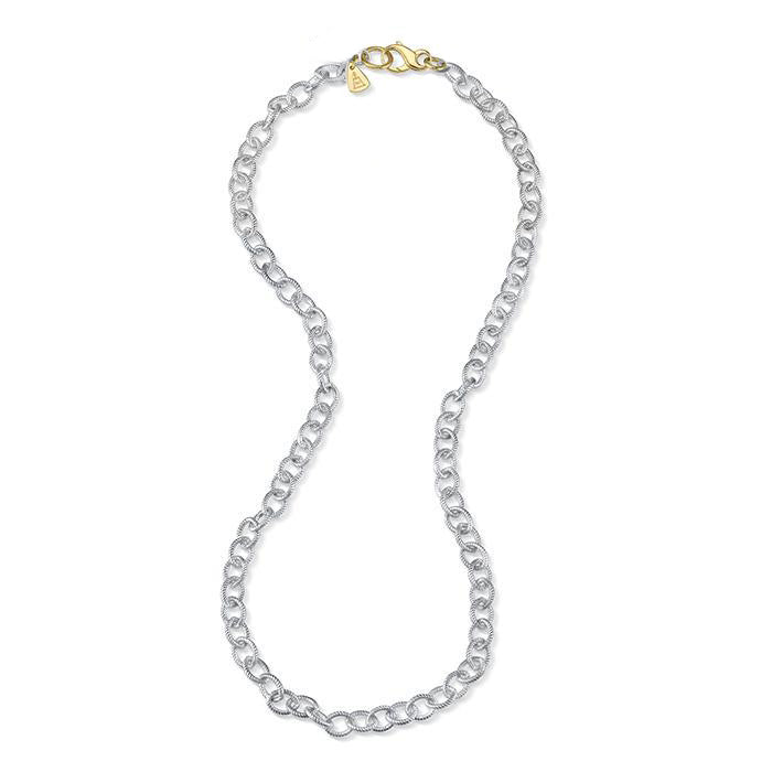 OXI TWIST CHAIN WITH GOLD CLASP, .925 sterling silver and 18k yellow gold Etched oval link 16 inches in length Made in Los Angeles, Necklace, Anabel Higgins