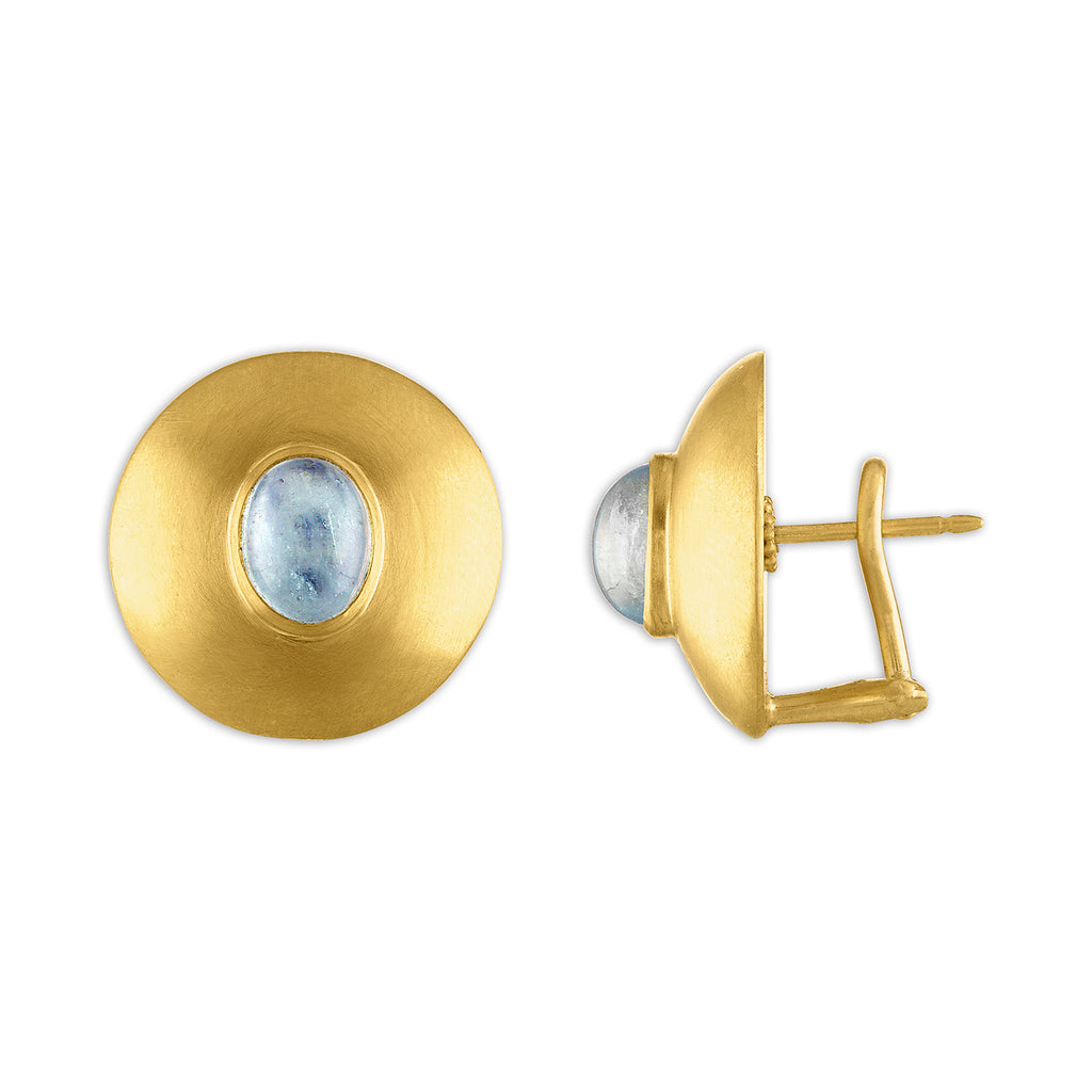 AQUA DISC EARRINGS, 22k yellow gold Cabochon aquamarines Made in New York, Earrings, Prounis Jewelry