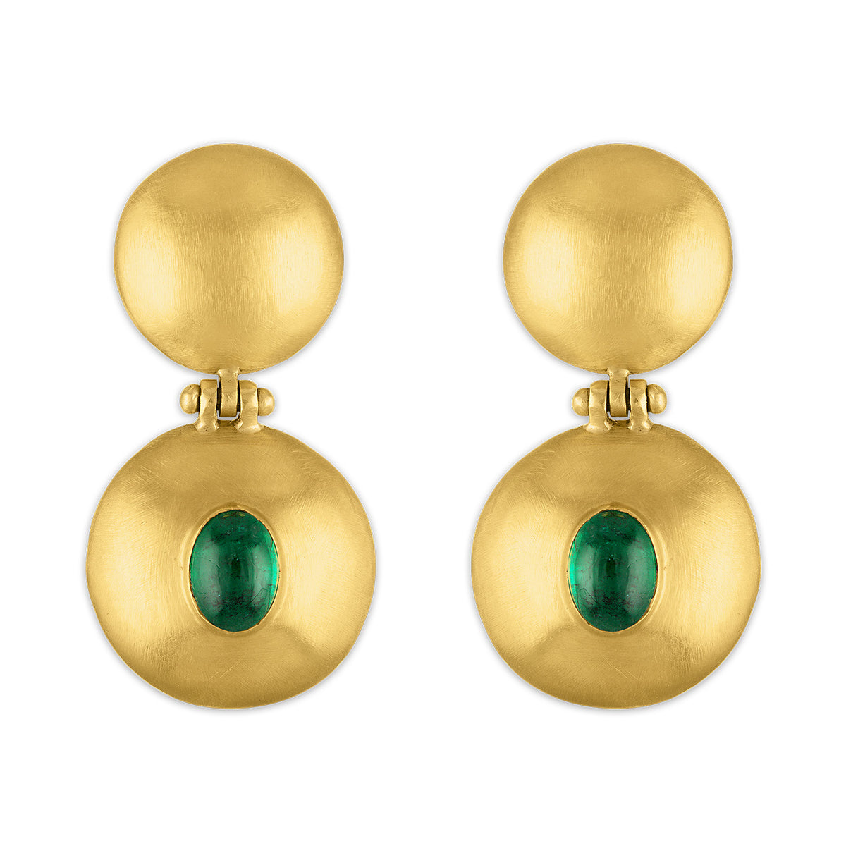 EMERALD DOUBLE DOME BULLA EARRINGS, 22k yellow gold 
Cabochon emeralds 
Made in New York 
, Earrings, PROUNIS