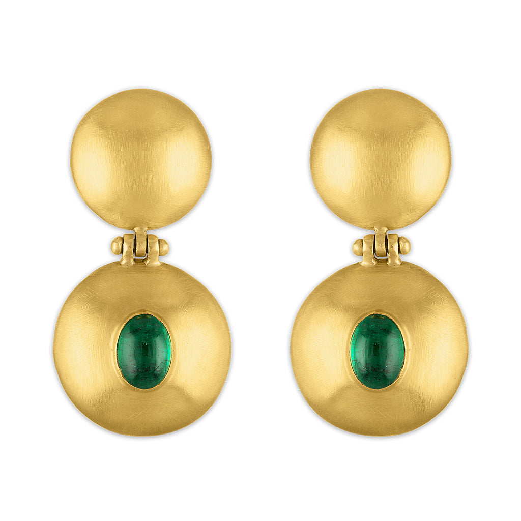EMERALD DOUBLE DOME BULLA EARRINGS, 22k yellow gold Cabochon emeralds Made in New York, Earrings, Prounis Jewelry