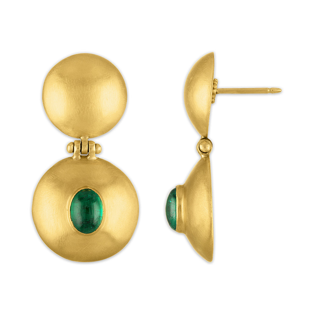 EMERALD DOUBLE DOME BULLA EARRINGS, 22k yellow gold 
Cabochon emeralds 
Made in New York 
, Earrings, PROUNIS