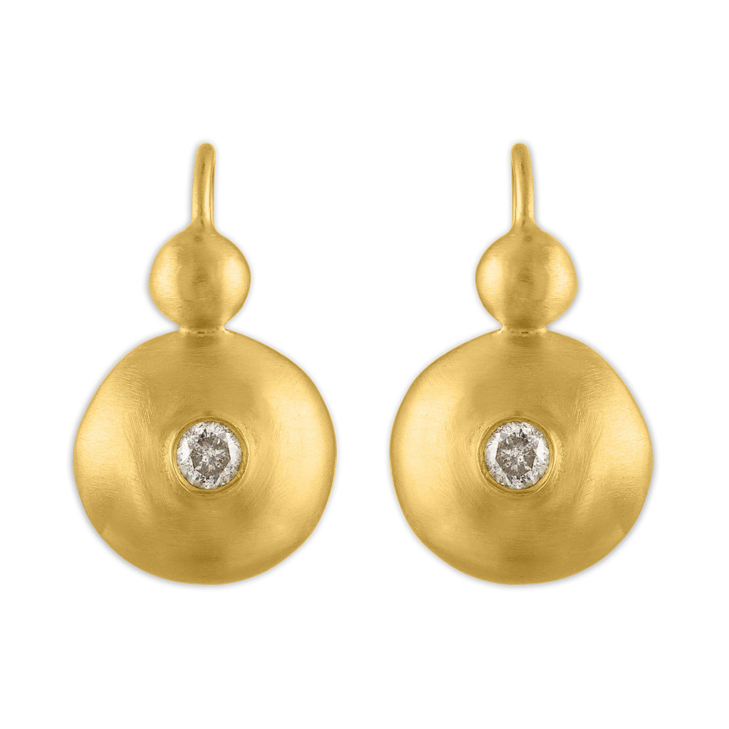 SMALL BULLA DIAMOND HOOK EARRINGS, 22k yellow gold Brilliant cut diamonds Made in New York, Earrings, Prounis Jewelry