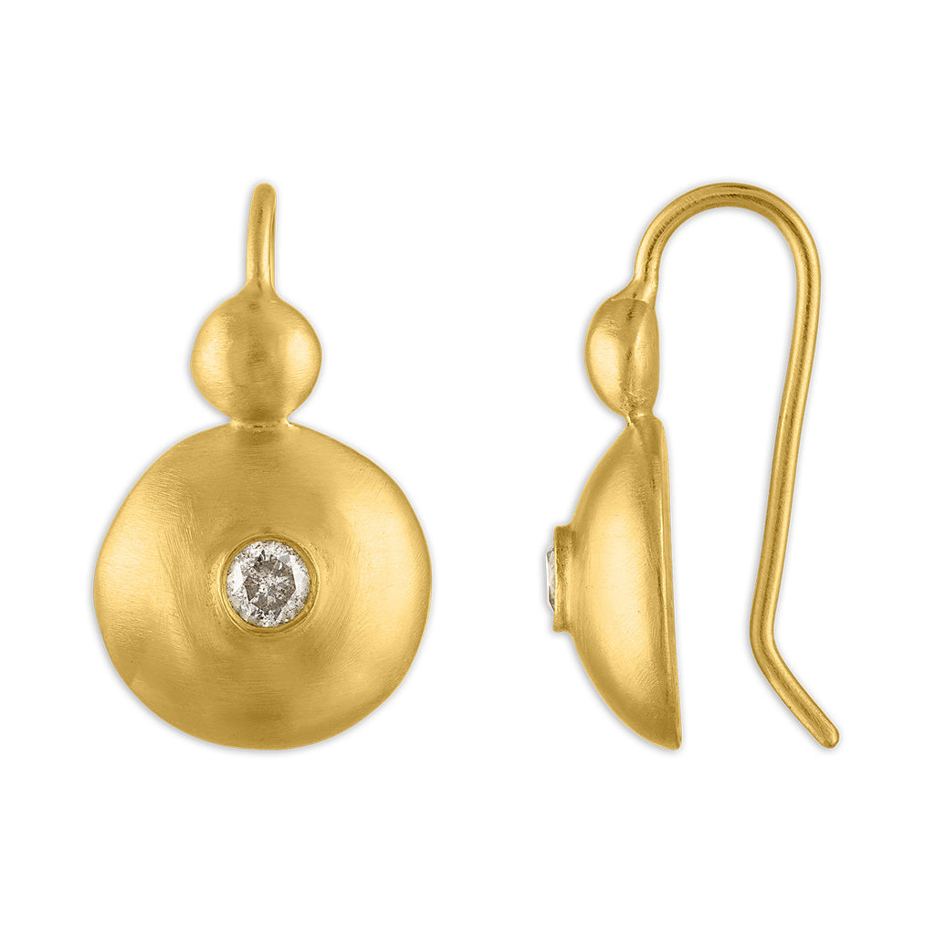 SMALL BULLA DIAMOND HOOK EARRINGS, 22k yellow gold 
Brilliant cut diamonds 
Made in New York 
, Earrings, PROUNIS