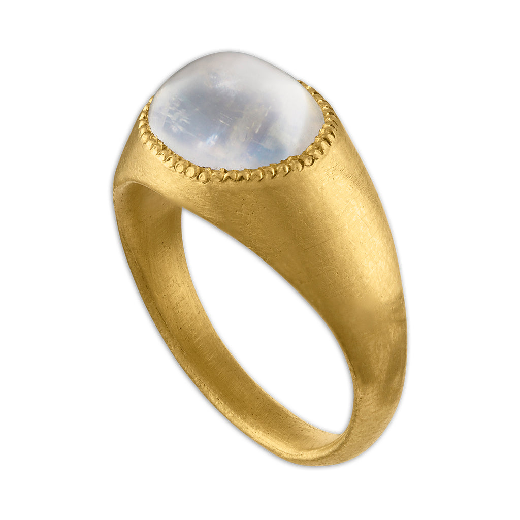 MOONSTONE ROZ RING, 22k yellow gold 
Cabochon moonstone 
Size 7 
Made in New York 
, RINGS, PROUNIS