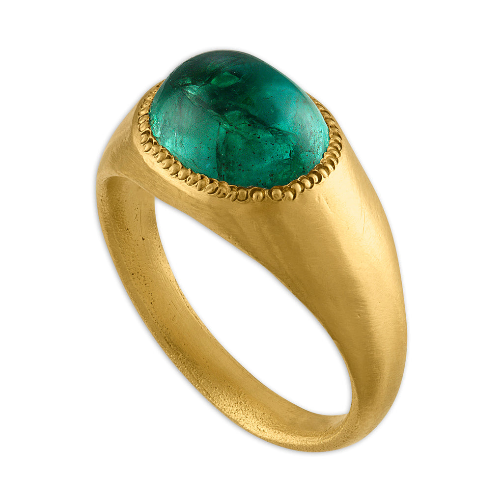 EMERALD ROZ RING, 22k yellow gold 
Cabochon emerald 
Size 5 
Made in New York 
, RINGS, PROUNIS