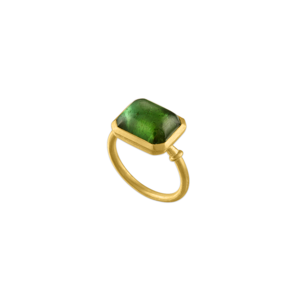 GREEN TOURMALINE CAPSA RING, 22k yellow gold Cabochon green tourmaline Size 7 Made in New York, RINGS, Prounis Jewelry
