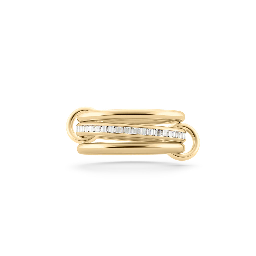 RENE, Three linked rings in 18k yellow gold 18k yellow gold connectors 1.07ct TW carrè diamonds Size 6.5 Made in Los Angeles, Ring, Spinelli Kilcollin