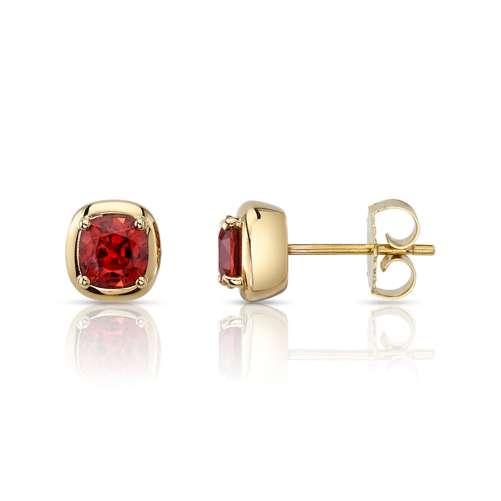 SPINEL CORI STUDS, 1.95ctw cushion cut orangey-red spinels set in handcrafted 18k yellow gold stud earrings., EARRINGS, Single Stone San Marino