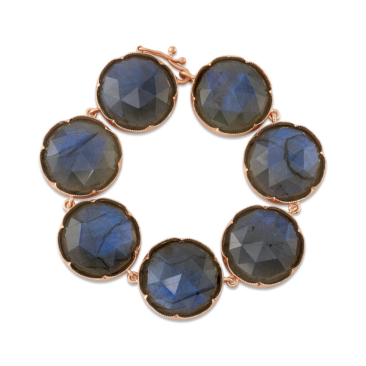 LARGE LABRADORITE BRACELETS, 18k rose gold 
20mm labradorite 
Made in Los Angeles 
, BRACELETS, Irene Neuwirth