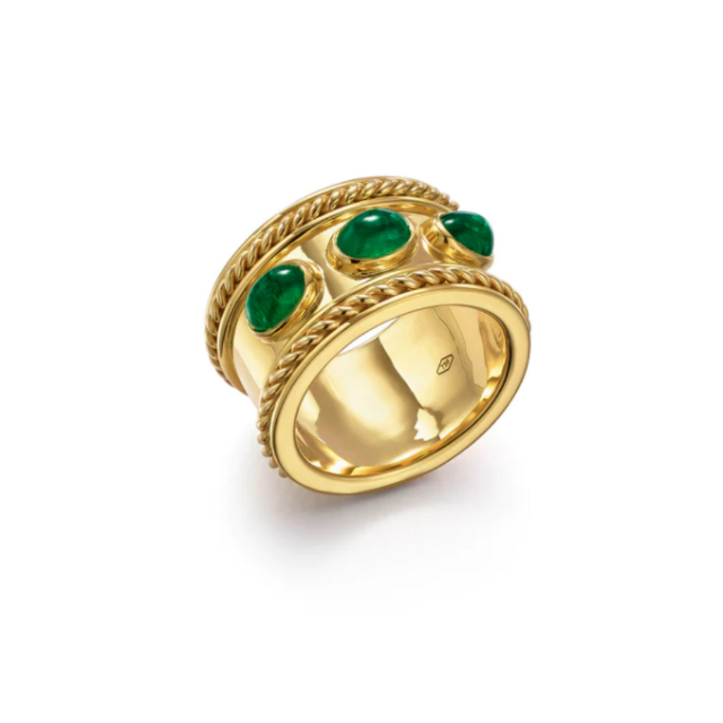 BRAIDED BAND RING WITH EMERALDS, 18k yellow gold 2.10tw oval cut cabochon emeralds Width: 21.75mm/0.86" Size 7, Ring, Temple St. Clair