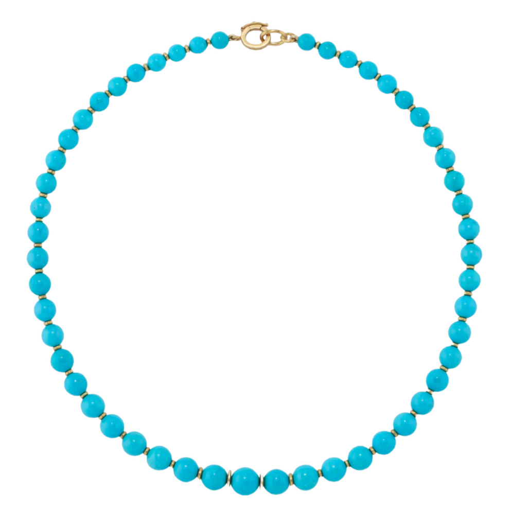 PETITE GUMBALL KINGMAN TURQUOISE NECKLACE, 18k yellow gold 4-6mm Kingman turquoise beads Satin finish rondelles 16 inches in length Made in Los Angeles, Necklace, Irene Neuwirth