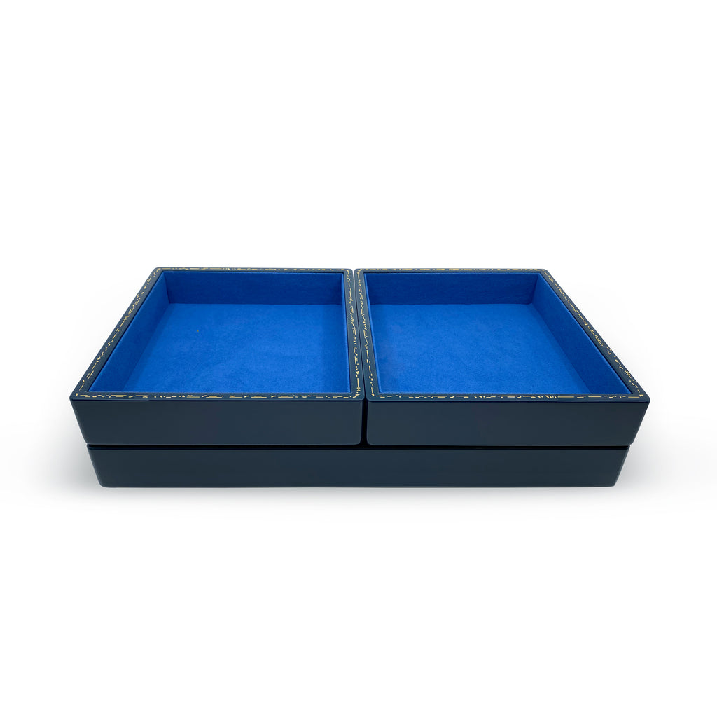 LARGE STACKING JEWELRY TRAY - MIDNIGHT BLUE, Color: Navy with Klein blue interior Wood with high lacquer finish Features delicate gold effect inlay 38cm long, 22cm wide, 4.4cm high Due to the nature of lacquer, there may be some variations to the color of