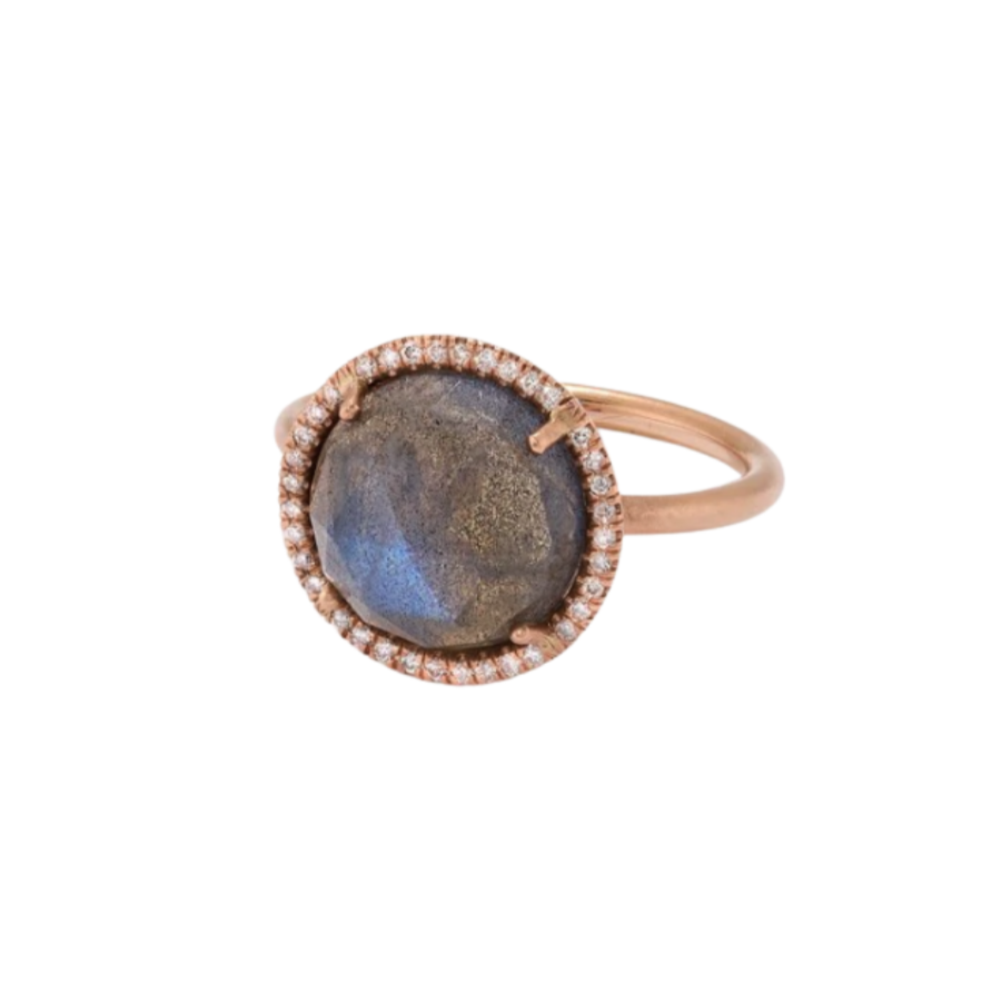 CLASSIC LABRADORITE & DIAMOND RING, 18k rose gold 
11mm labradorite 
0.13tw diamonds 
Size 7 
Made in Los Angeles 
, Rings, Irene Neuwirth