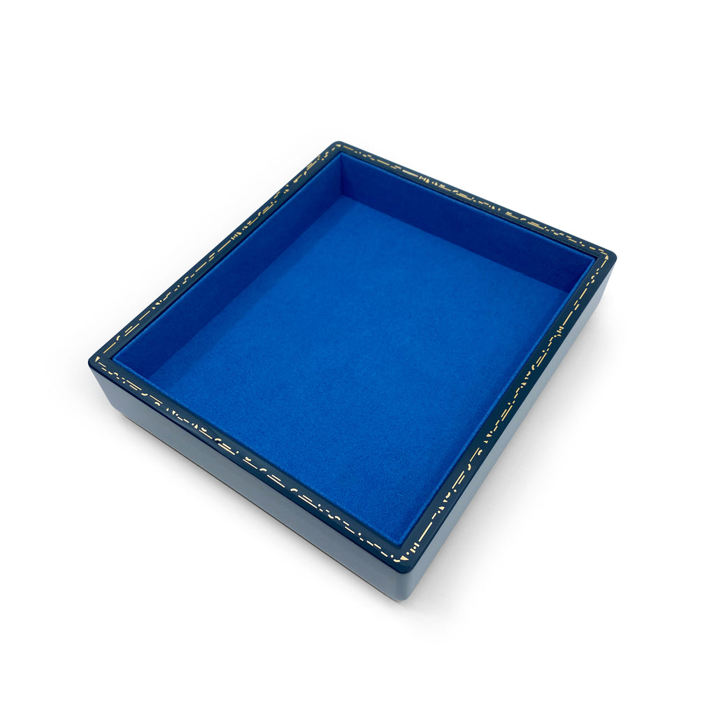 SMALL STACKING JEWELRY TRAY - MIDNIGHT BLUE, Color: Navy with Klein blue interior Wood with high lacquer finish Features delicate gold effect inlay 19cm long, 22cm wide, 4.4cm high, Jewelry Case, Trove