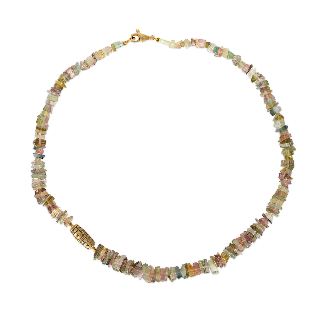 LITTLE WINDOWS MIXED TOURMALINE NECKLACE, Mixed color tourmaline puka beads 18 karat yellow gold Little Windows station with 0.21tw diamonds Lobster clasp with 0.01ct diamond Made in New York, Necklace, Alex Sepkus