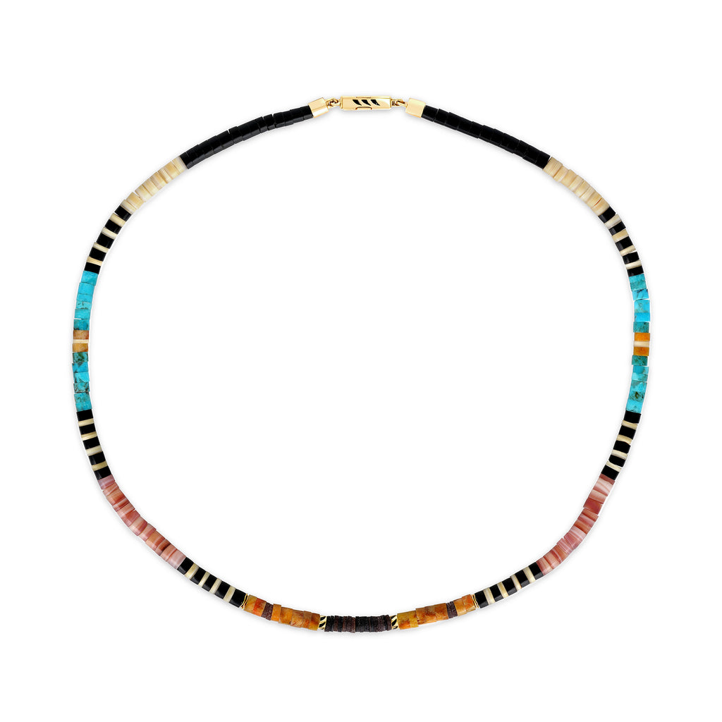 NATIVE AMERICAN BEAD, TURQUOISE, & SHELL PUKA NECKLACE, 18k rose gold & black enamel clasp Native American beads, turquoise, and shell Coco shell beads 16 inches in length, NECKLACES, DEZSO