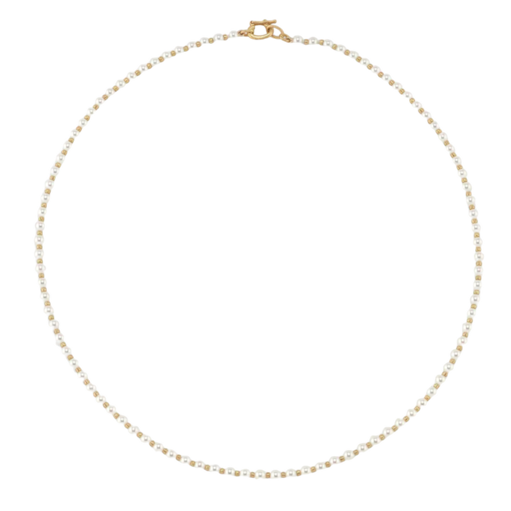 PETITE GUMBALL AKOYA PEARL NECKLACE, 18k yellow gold 3.5mm Akoya pearls Satin finish rondelles 16 inches in length Made in Los Angeles, Necklace, Irene Neuwirth