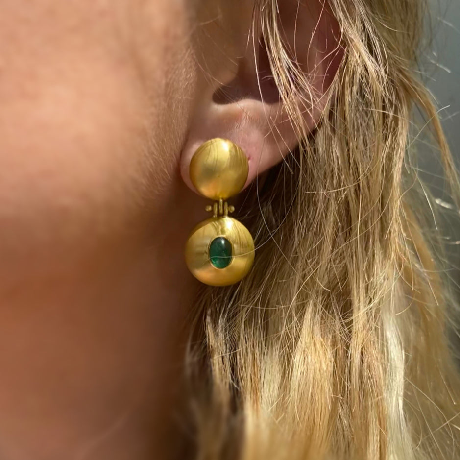 EMERALD DOUBLE DOME BULLA EARRINGS, 22k yellow gold 
Cabochon emeralds 
Made in New York 
, Earrings, Prounis Jewelry