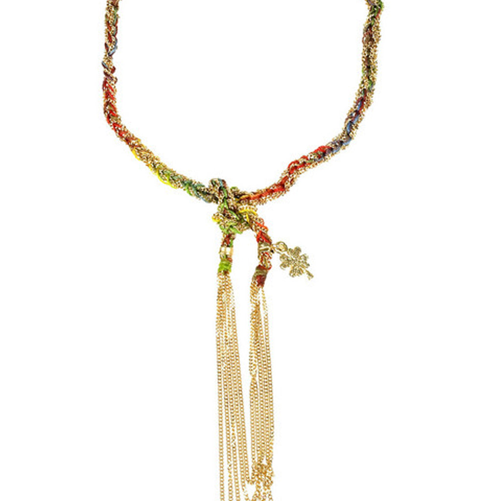 SUPER LUCKY NECKLACE WITH FOUR LEAF CLOVER CHARM, 18k yellow gold Diamond cut chain Hand-braided rainbow silk Four leaf clover charm 95 centimeters in length Made in Italy, Necklace, Carolina Bucci