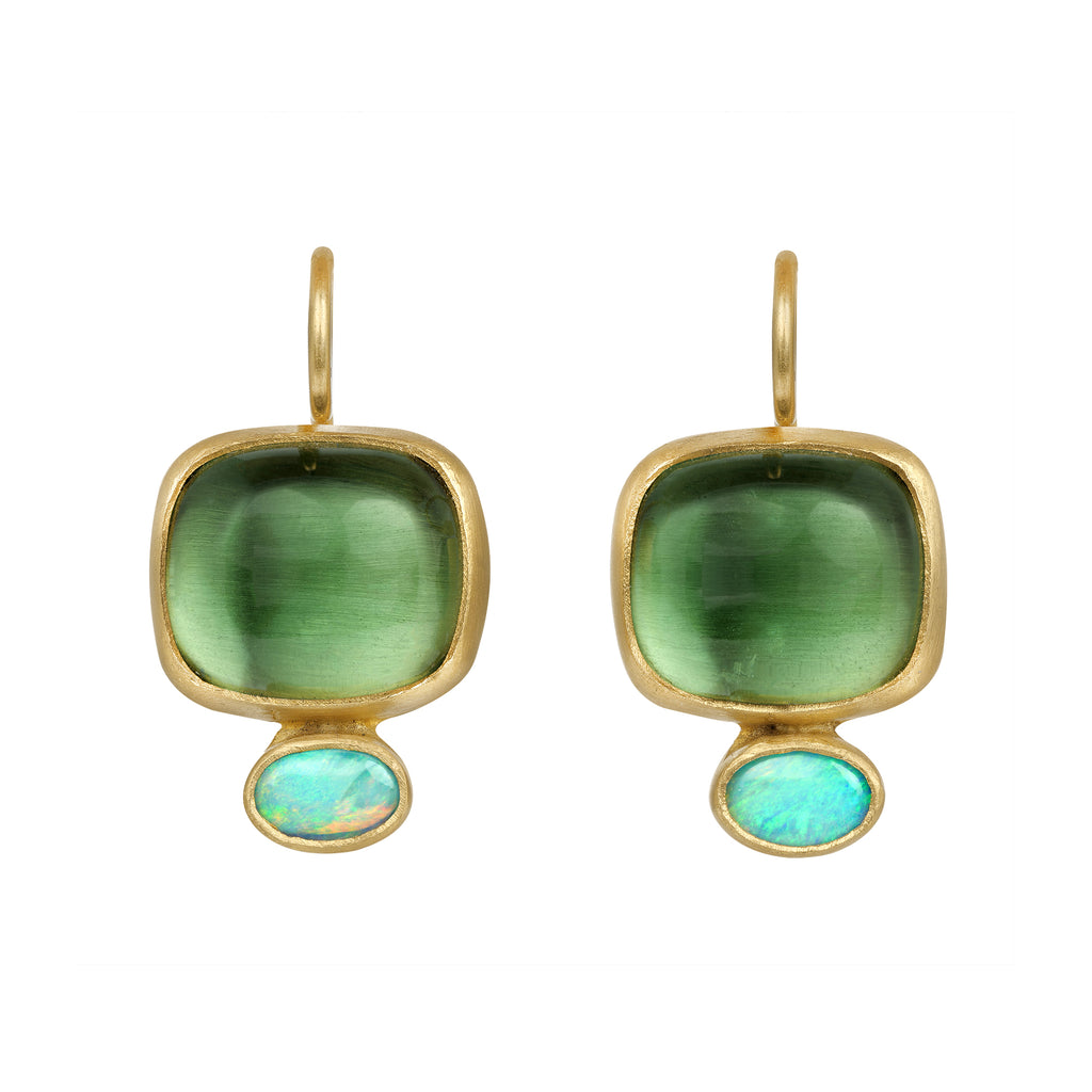 GREEN AMETHYST AND OPAL EARRING, 22k yellow gold Cabochon green amethyst opals Made in New York, Earrings, Stephanie Albertson