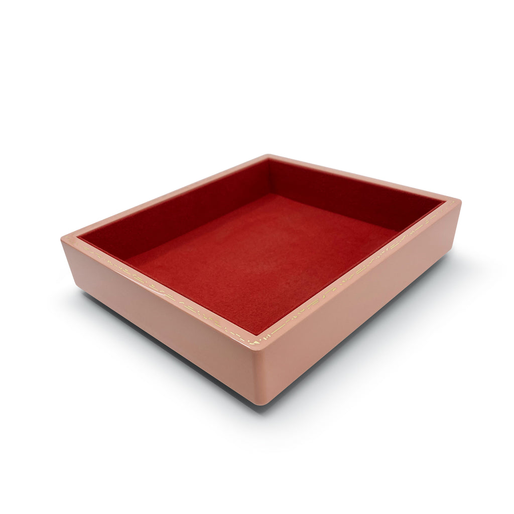 SMALL STACKING JEWELRY TRAY - BLUSH, Color: Blush with burnt terracotta interior Wood with high lacquer finish Features delicate gold effect inlay 19cm long, 22cm wide, 4.4cm high, Jewelry Case, Trove
