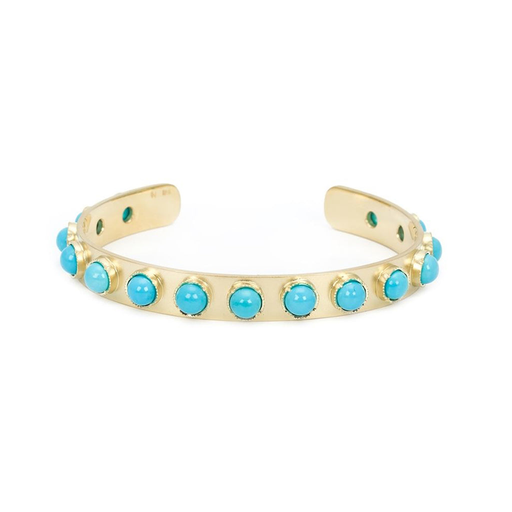 TURQUOISE CUFF, 18k yellow gold 
Satin finish 
5mm turquoise 
Made in Los Angeles 
, BRACELETS, Irene Neuwirth