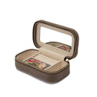 ZOE TRAVEL ZIP CASE, Mink velvet 
Mirror, 3 ring rolls, medium compartment with cover, and 2 small compartments 
LusterLoc™:, JEWELRY CASES, WOLF 