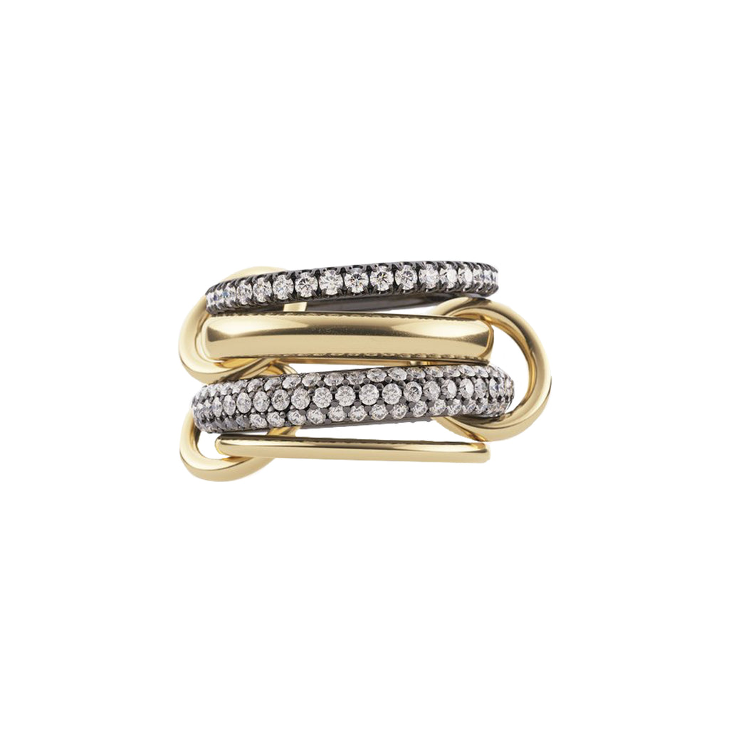 VEGA, Four linked rings in 18k yellow gold and black rhodium plated silver bands 18k yellow gold connectors 1.90ct TW grey and white diamond pavé Size 7 Made in Los Angeles, Ring, Spinelli Kilcollin